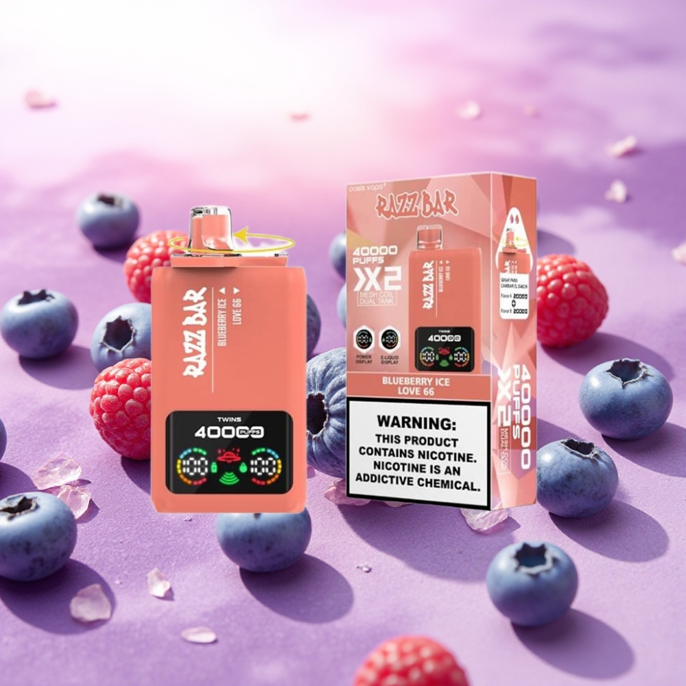 Razz Bar 40000 Puffs Disposable Vape מסך כוח סוללה 650 מהטעינה Type-C טעם אוכמניות קרח & אהבה 66