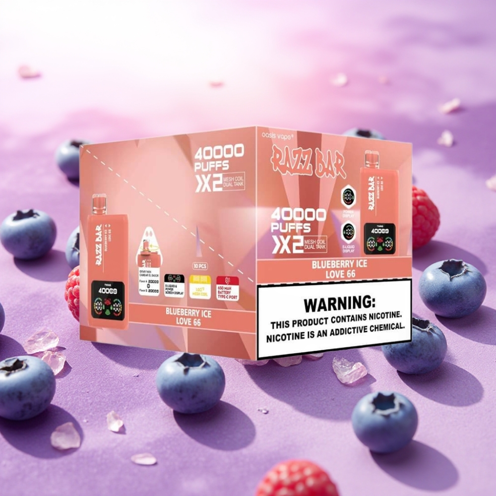 Razz Bar 40000 Puffs Disposable Vape מסך כוח סוללה 650 מהטעינה Type-C טעם אוכמניות קרח & אהבה 66