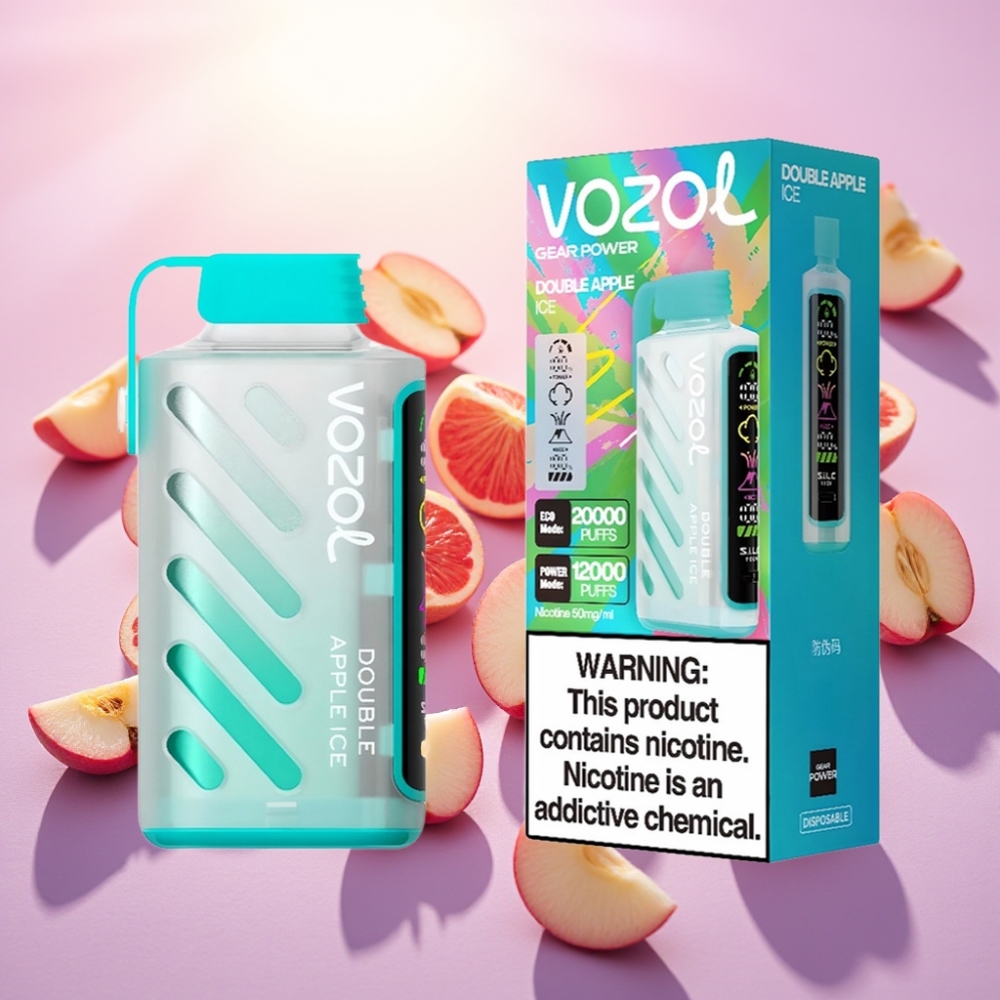 VOZOL Gear Power 20000 Puffs טכנולוגיית S.i.L.C., Dual Mesh Coil, 20mL, 5% ניקוטין, Double Apple Ice (תפוח כפול קר)