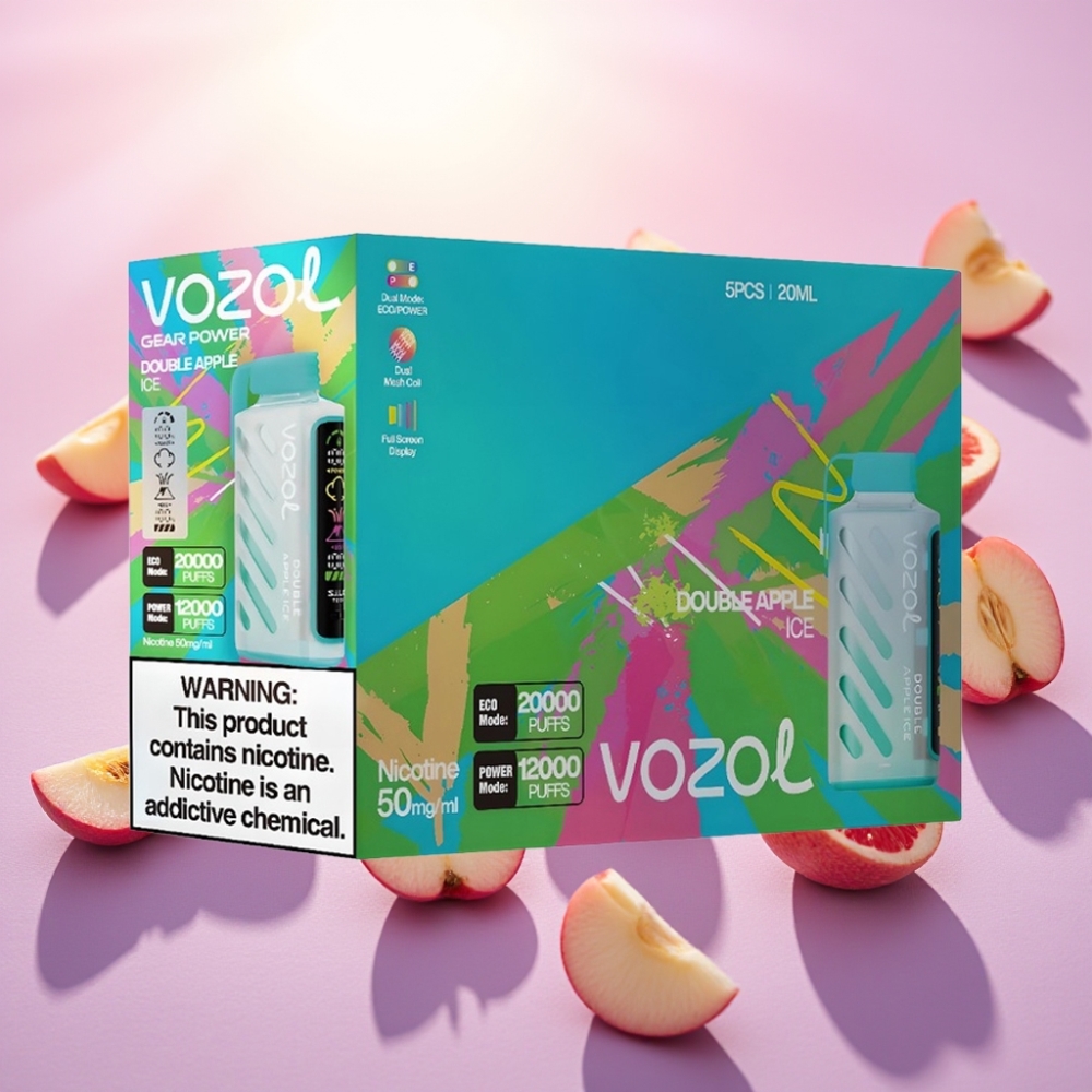 VOZOL Gear Power 20000 Puffs טכנולוגיית S.i.L.C., Dual Mesh Coil, 20mL, 5% ניקוטין, Double Apple Ice (תפוח כפול קר)