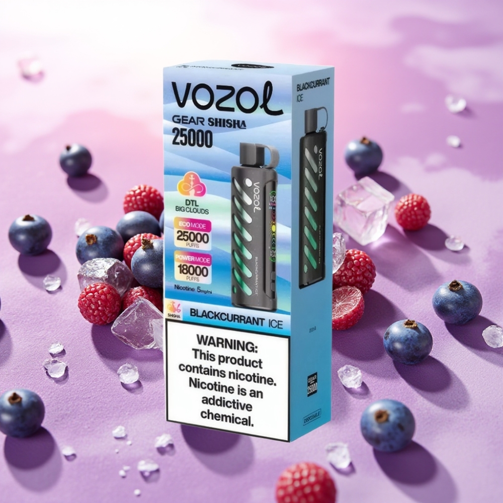 VOZOL Gear Shisha 25000 Puffs – טבק שחור-דומדמנית עם קרח (Blackcurrant Ice), סוללה 1000mAh, 5mg/ml ניקוטין