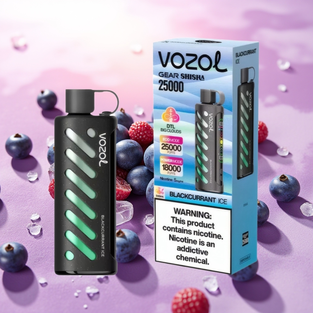 VOZOL Gear Shisha 25000 Puffs – טבק שחור-דומדמנית עם קרח (Blackcurrant Ice), סוללה 1000mAh, 5mg/ml ניקוטין